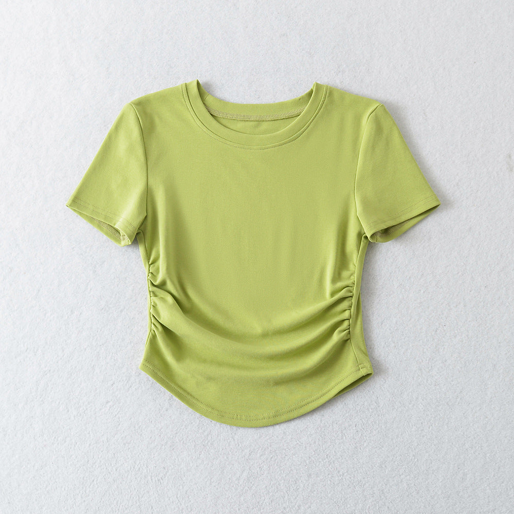 Spring Slim-fitting Top Hot Girl Drawstring Round Neck T-shirt