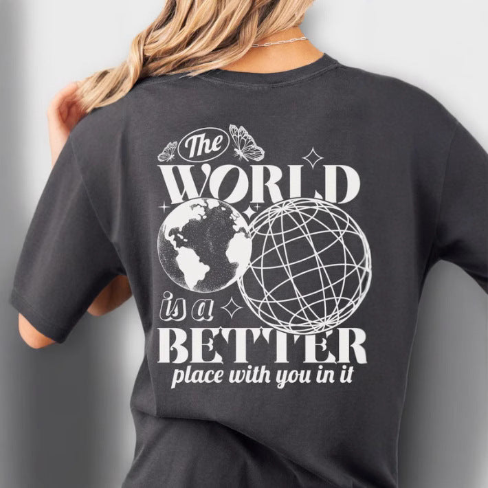 Letter 2D Printed Starry Sky Earth Cotton T-shirt Loose Short Sleeve Top