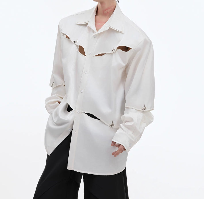 Streamer Hollow-out Deconstruction Padded Shoulder Shirt