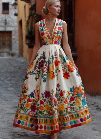 Stylish Womens Digital-Print V-Neck Sleeveless Maxi Dress
