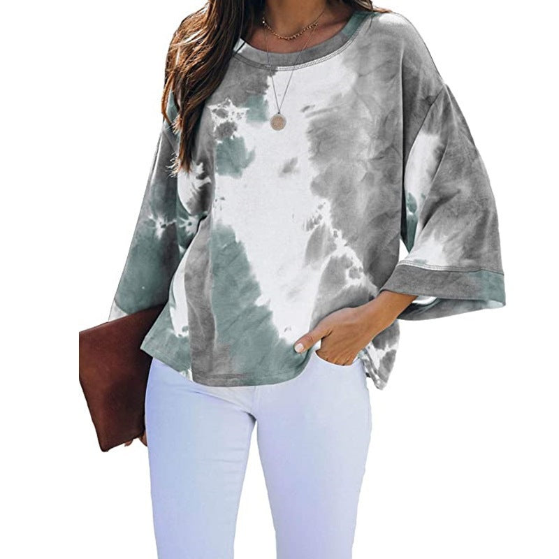 Arrival Long-Sleeve Loose Tie-Dye Gradient-Color Printed T-Shirt