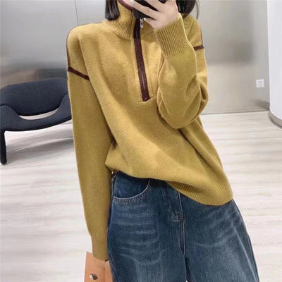 Women's Stand Collar Sweater Loose Short Thick Sweater Half Zipper