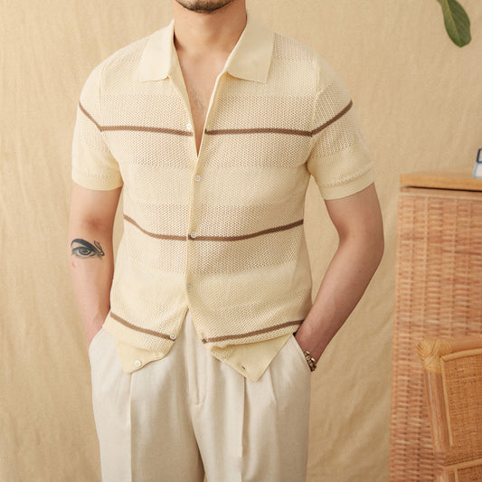 Lapel Casual Fashion Cotton Linen Short Sleeve Knitted Cardigan