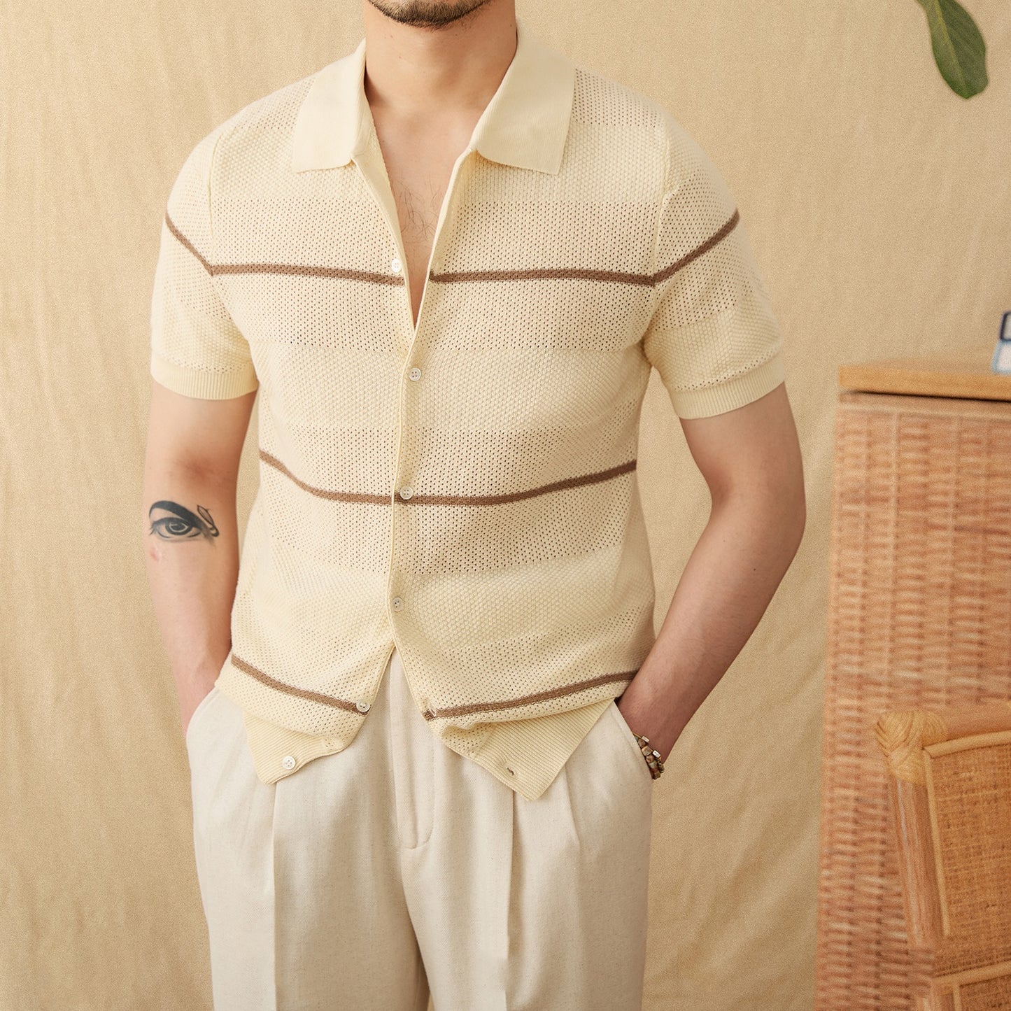 Lapel Casual Fashion Cotton Linen Short Sleeve Knitted Cardigan