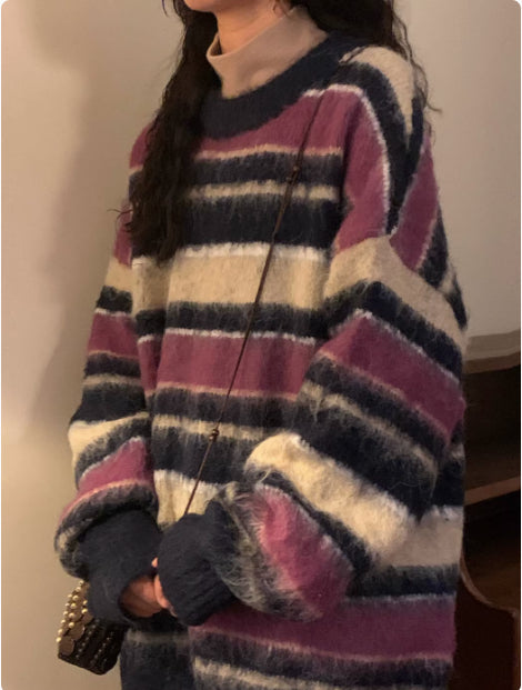 Retro Loose Contrast Color Striped Idle Style Round Neck Sweater