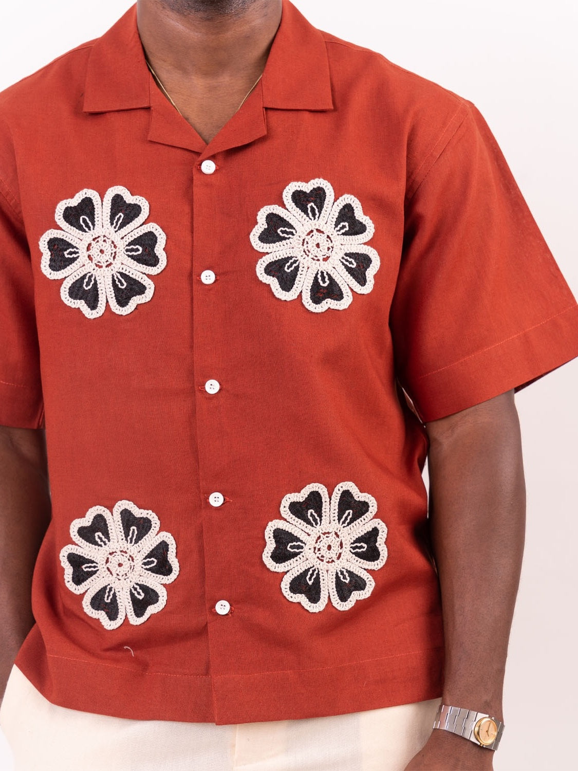 Men's Rust Red Floral Crochet Camp Collar Short Sleeve Shirt