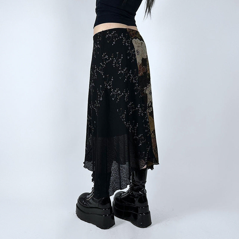 Retro Ethnic Style Personalized Printing Stitching Asymmetric Skirt