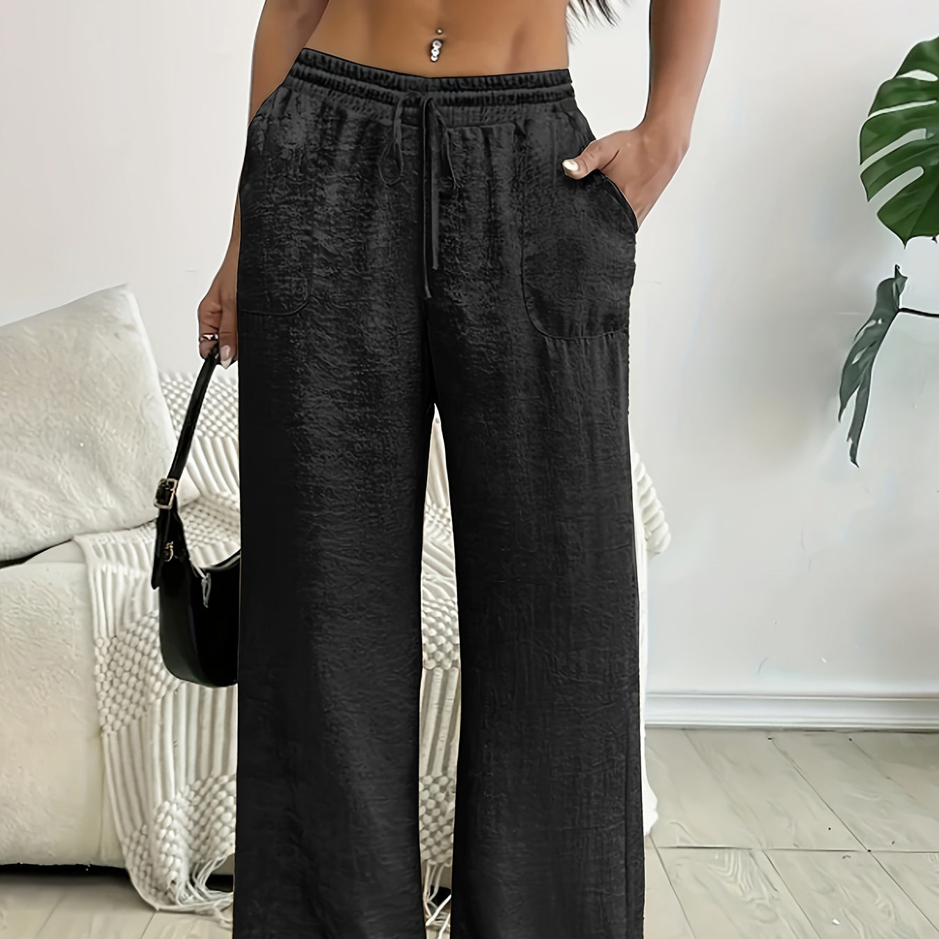 Stylish Straight-Leg Pants With Gold-Stamped Sequins And A Drawstring