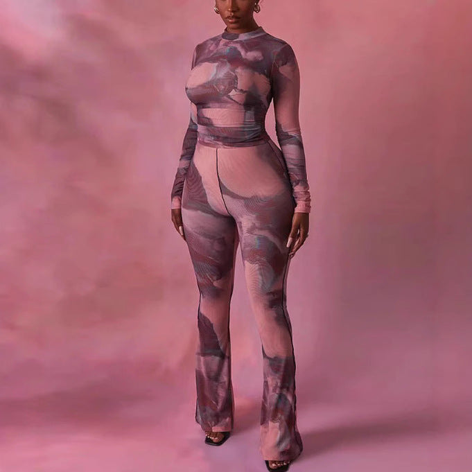 Printed Long-sleeved Fitted Top With Wide-leg Pants