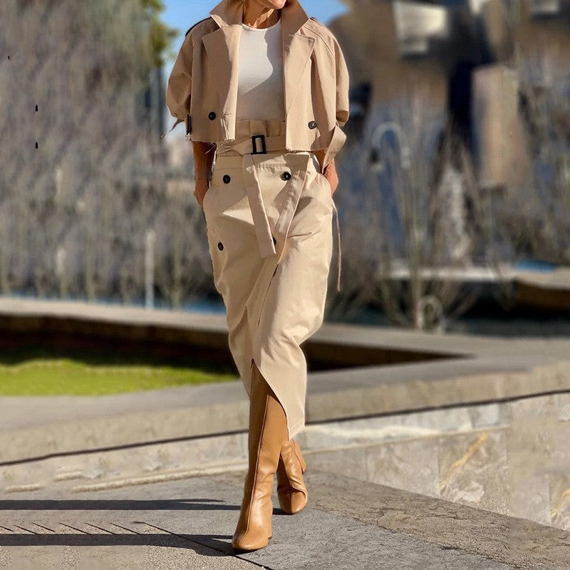 Women's Two-piece Casual Trousers With Solid Color Buckle Design