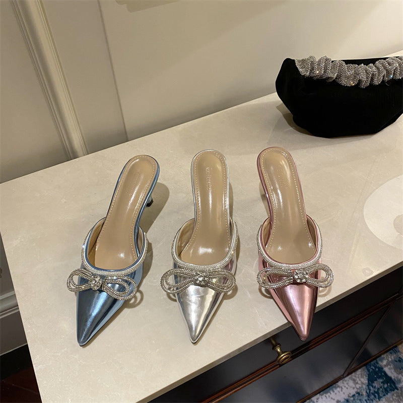 Rhinestone Bow Pointed Toe Half Slippers Women's