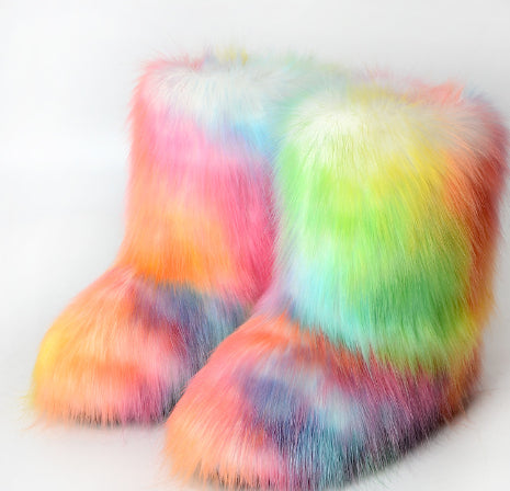 Winter Fur Integrated Imitation Raccoon Fur Women's Snow Boots Fluffy Shoes Outdoor Middle Boots