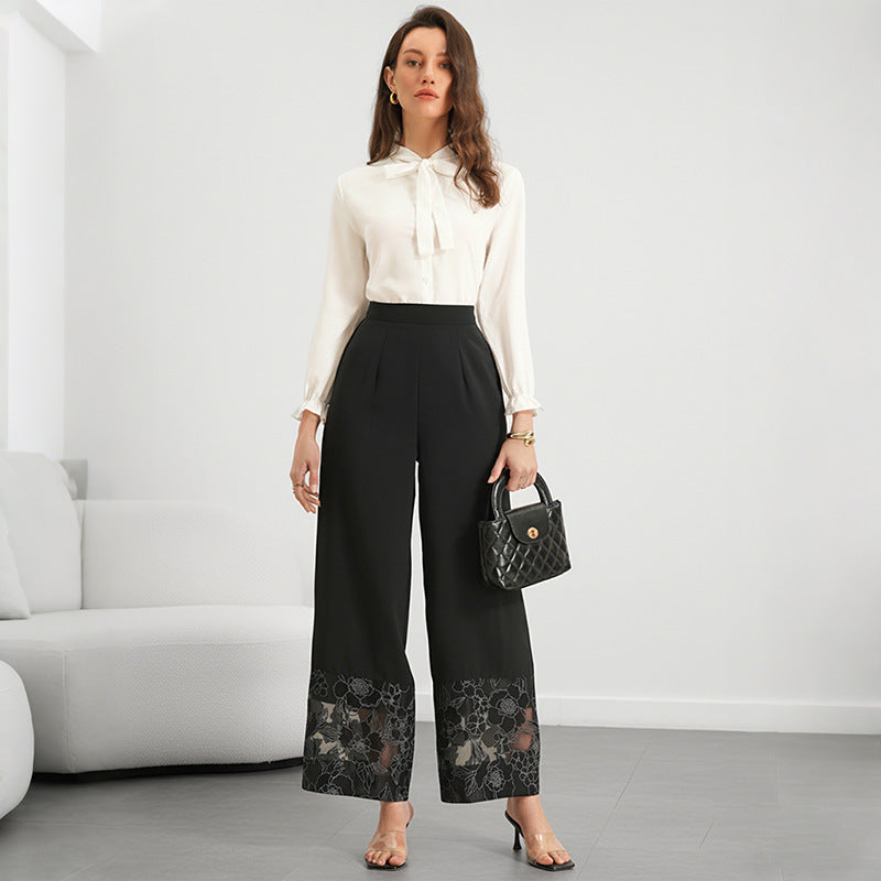 Solid-color Sheer Lace-panel Straight-leg Pants For Women