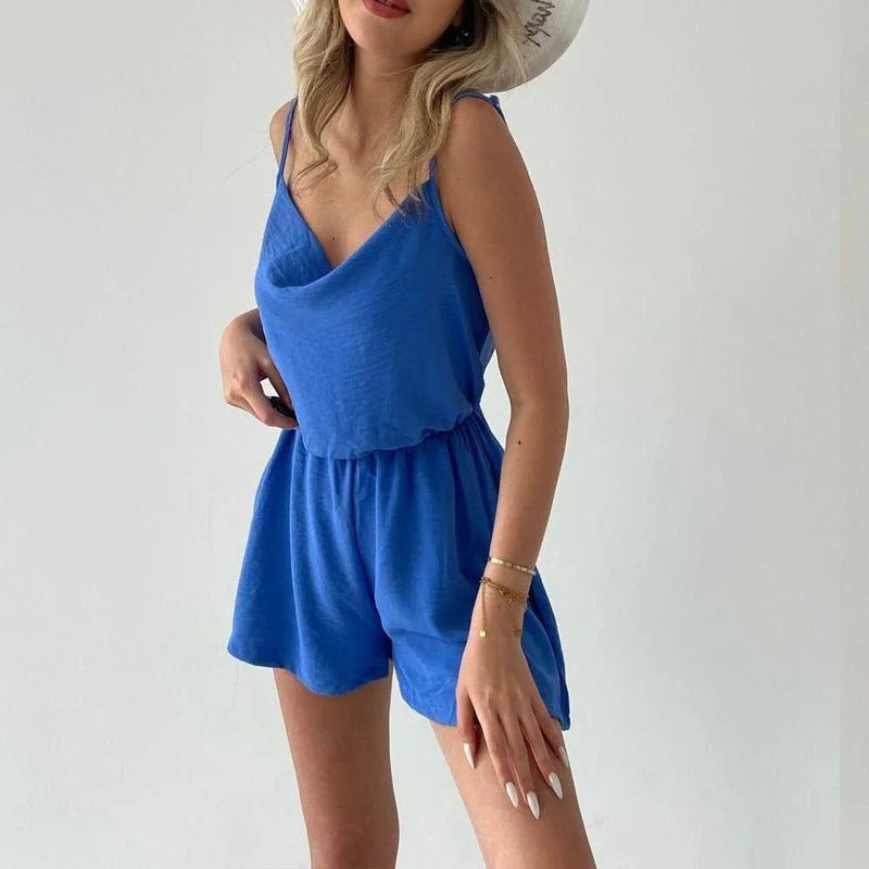 Solid-color Cinched-waist Loose-fitting Wide-leg Jumpsuit Shorts