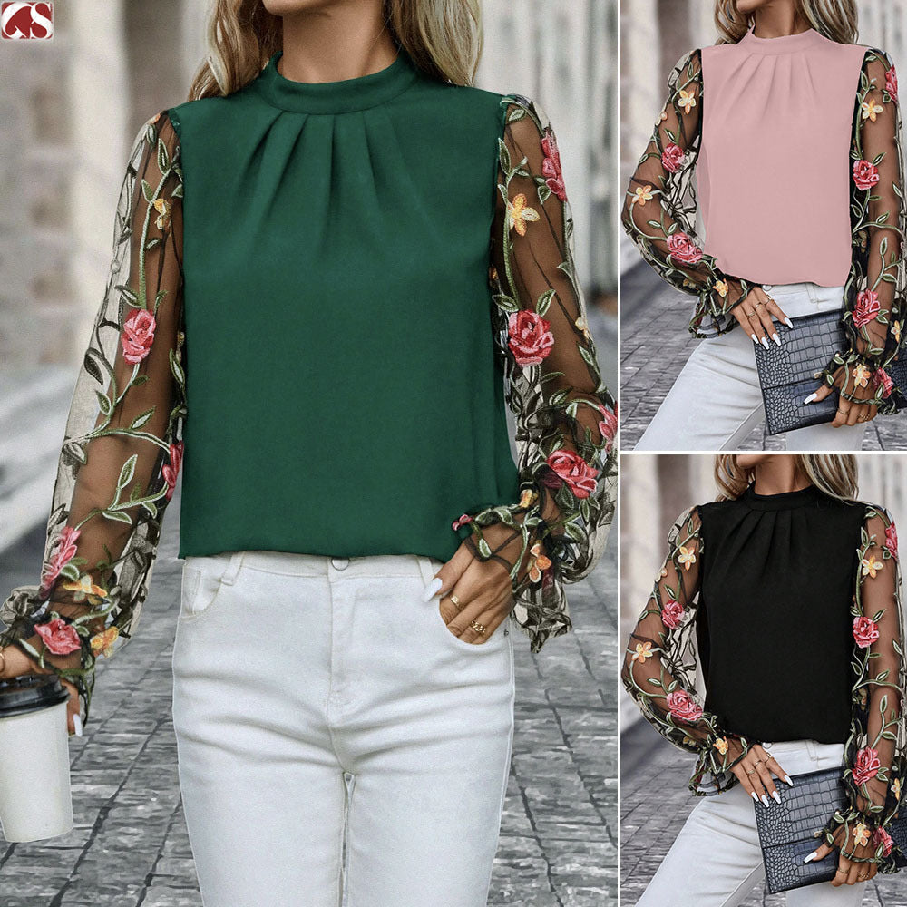 Womens Half-Neck Blouse With Patchwork 3D Embroidered Mesh Fabric