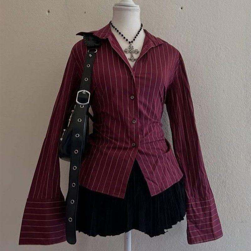 Ins-style Chic Commuter-striped Button-up Long-sleeve Shirt T-shirt For Women
