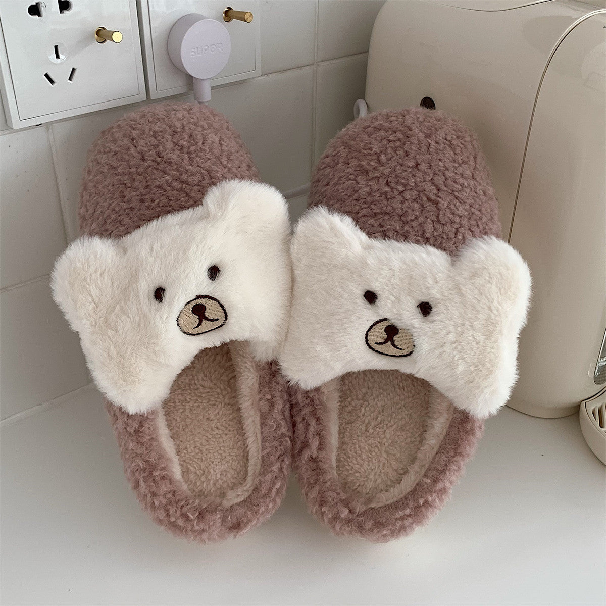 Cute Bear Plush Shoes Women's Warm Cotton Slippers
