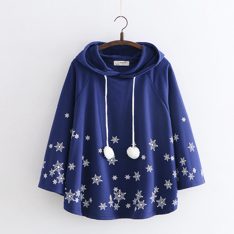 Japanese College Style Cartoon Snowflake Print Hooded Pullover