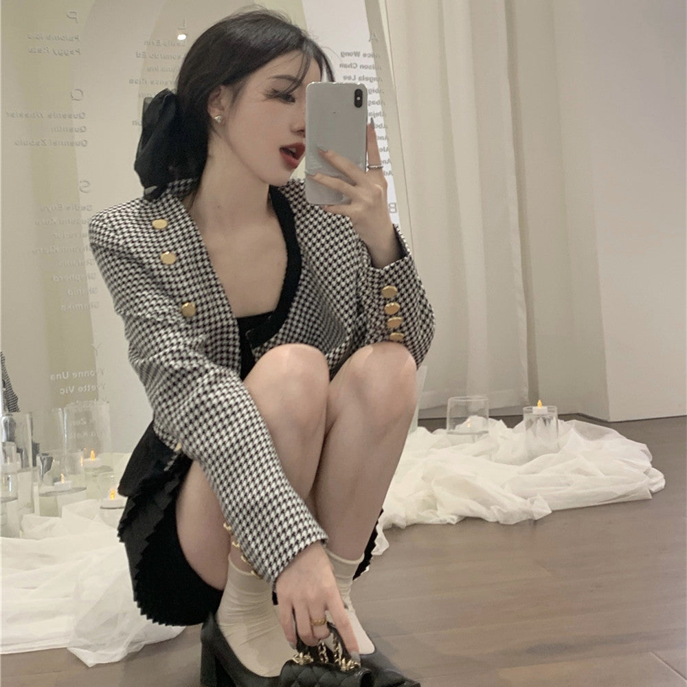 Thousand Bird Check Long Sleeve Temperament Design Loose Short Women's Coat