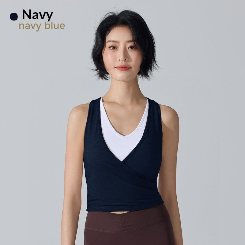 Sports Vest Quick-Drying Breathable Fake Two-Piece Sleeveless Blouse Integrated Cup Padding Yoga Wear