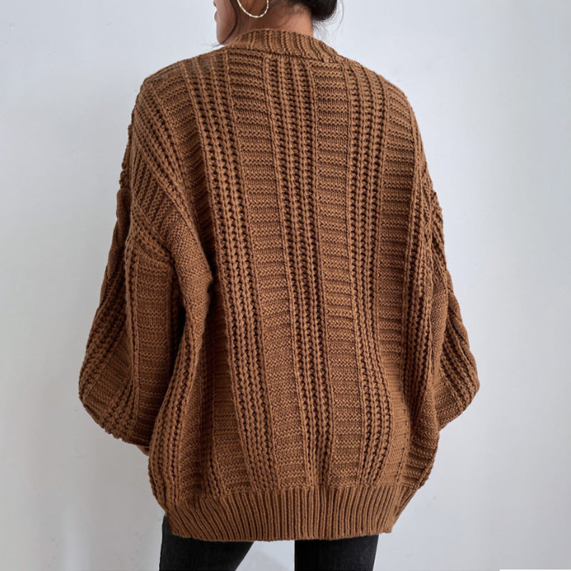 V-hals Sweater Dame Retro Fashion Løs Twist Strikket Jakke