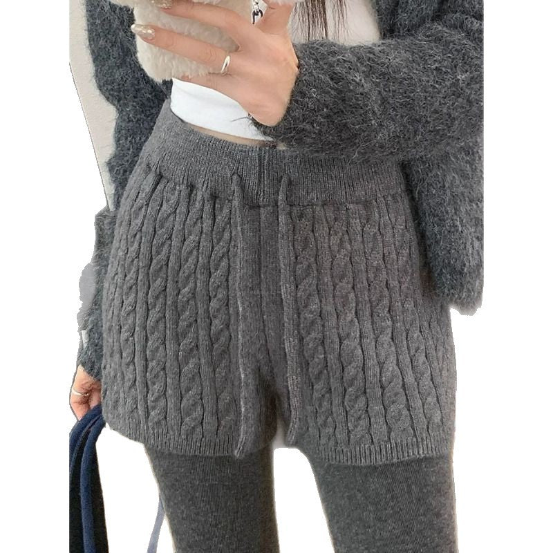 Retro Minimalist Cable-knit Linen Shorts With Elastic Waist