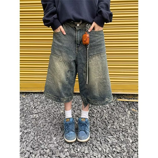 Retro vaskede denimshorts med lige, vide ben til mænd og kvinder
