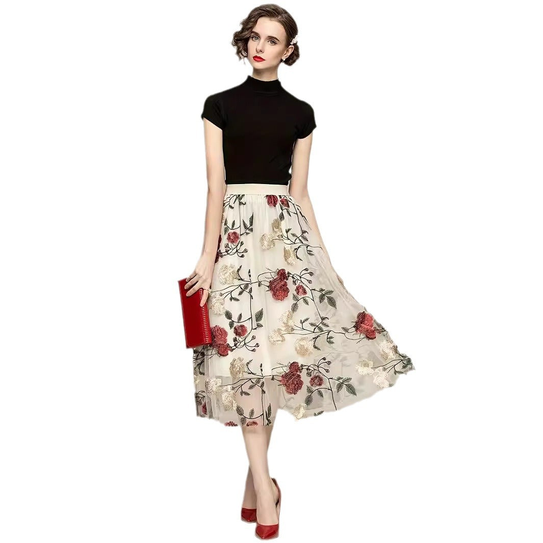 Women's Vintage High-waisted Embroidered Peony Midi Skirt