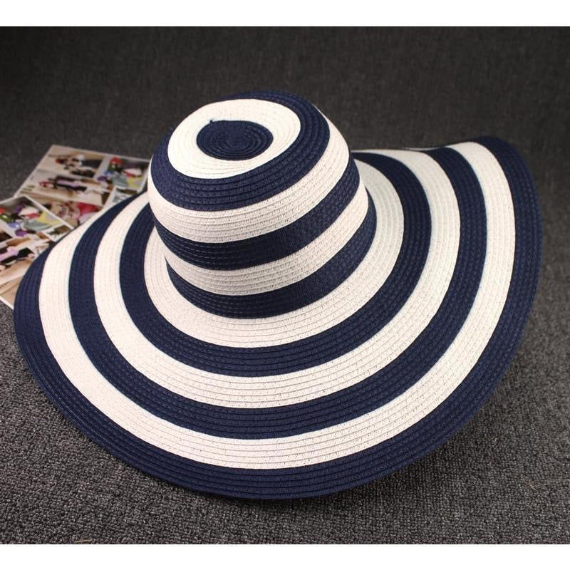 Women's Beach Big Brim Foldable Striped Straw Hat