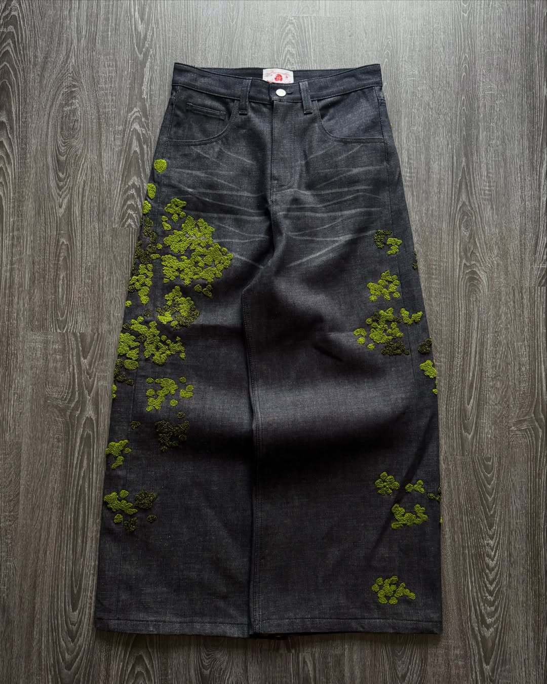 Street-style Denim Straight-leg Pants With Floral Embroidery
