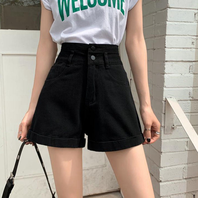 Two-button High Waist Denim Shorts Women's Wide Leg Curling A- Line Hot Pants Tide