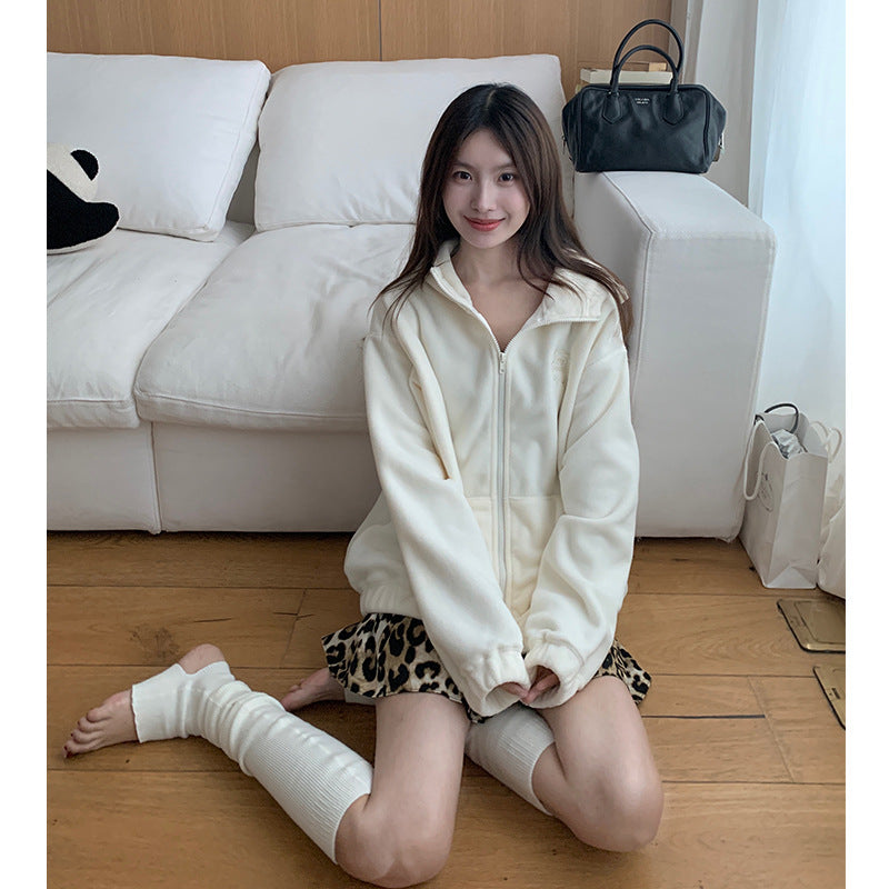 Fleece Women's Hooded Embroidered Warm Fleece Sweater Coat