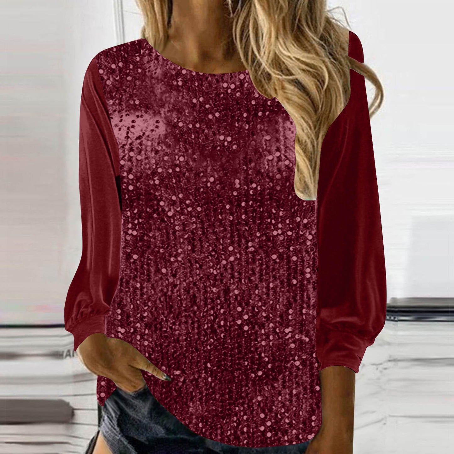 European And American Women's Clothing Casual Round Neck Long Sleeve Pullover Loose Sequins Top