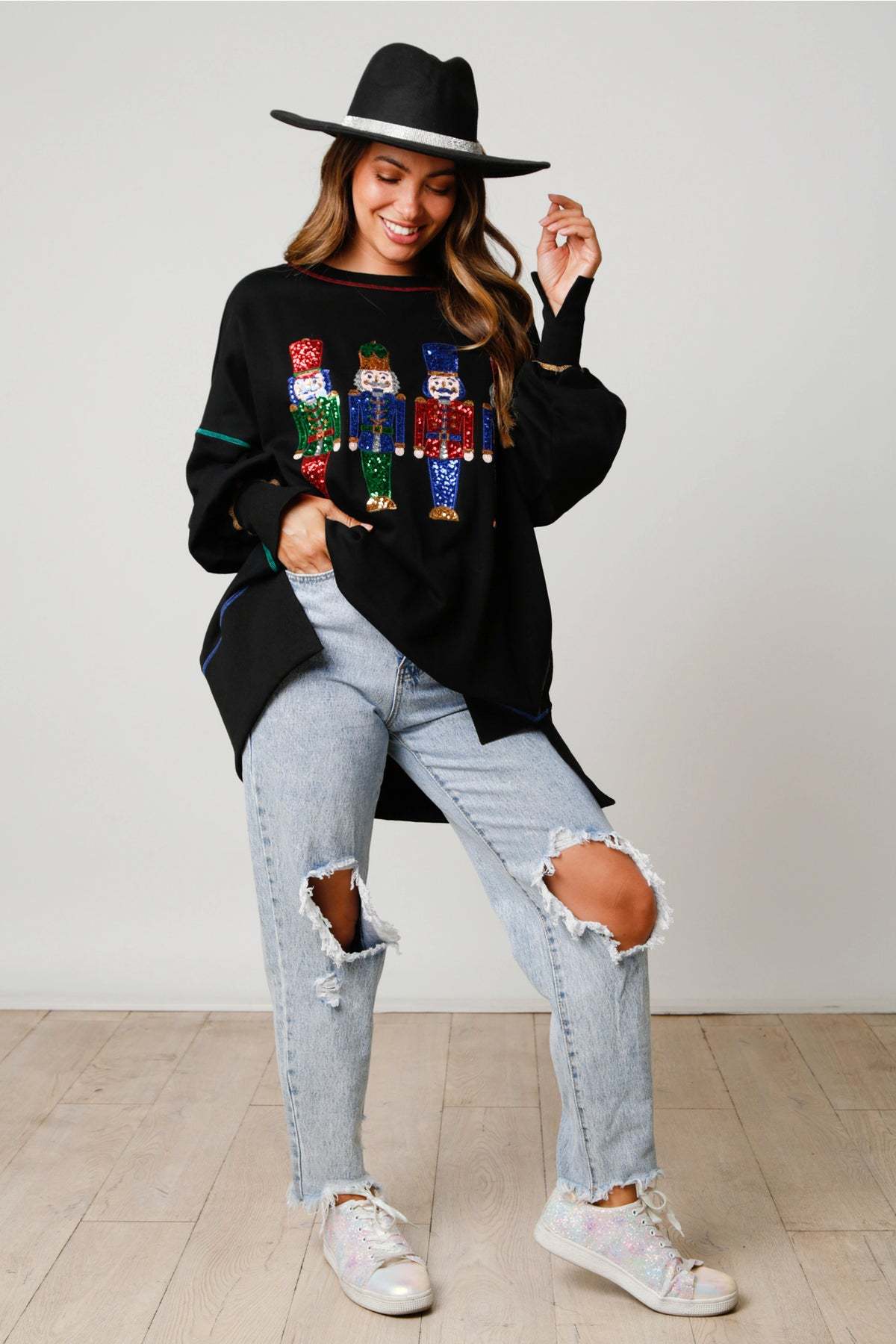 Women's Christmas Sequined Padded Top Long-sleeved Sweater