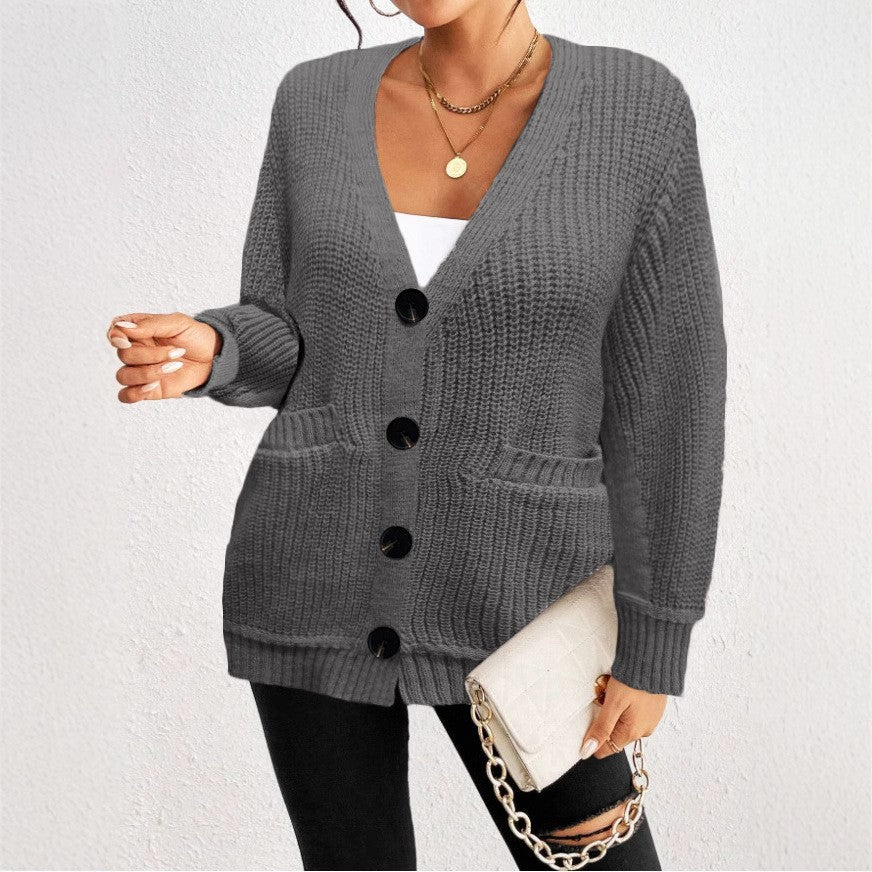 Fashion Loose Pockets Button Women's Cardigan Sweater
