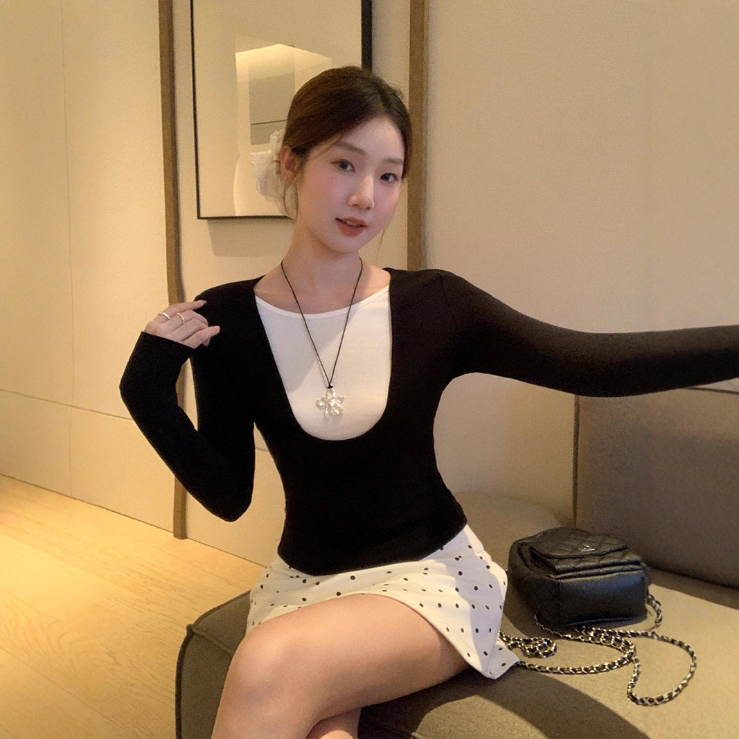 Koreansk-inspireret slim-fit top til kvinder, tidlig efterårsnyhed