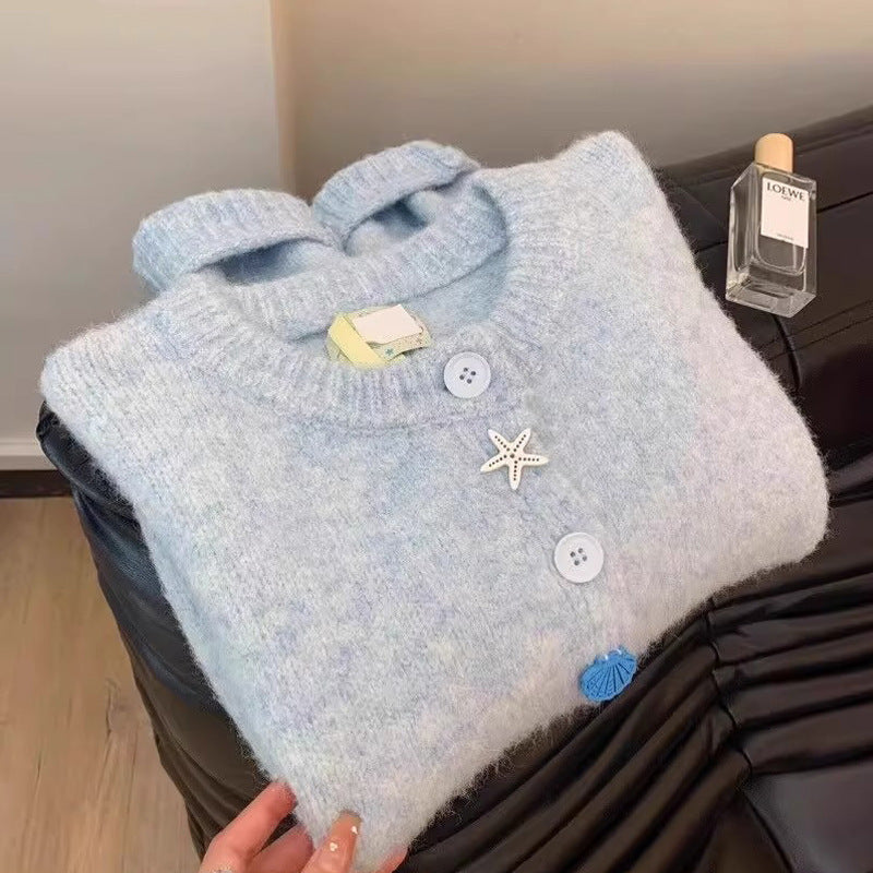 Milk Blue Gentle Soft Glutinous High-grade Knitted Cardigan Sweater