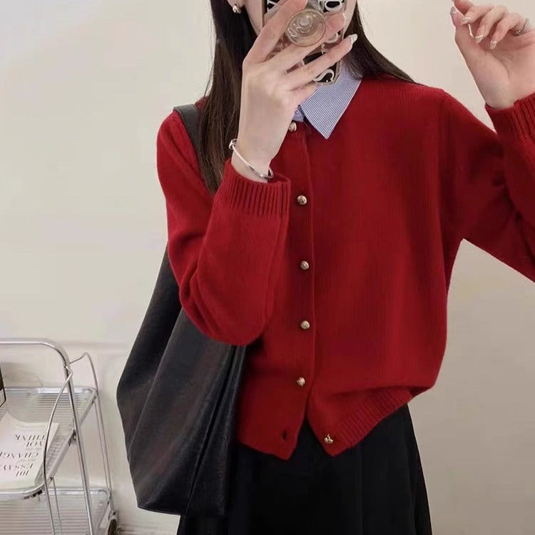 Temperament Commute Korean Style Shirt Collar Single-breasted Knitted Cardigan Sweater