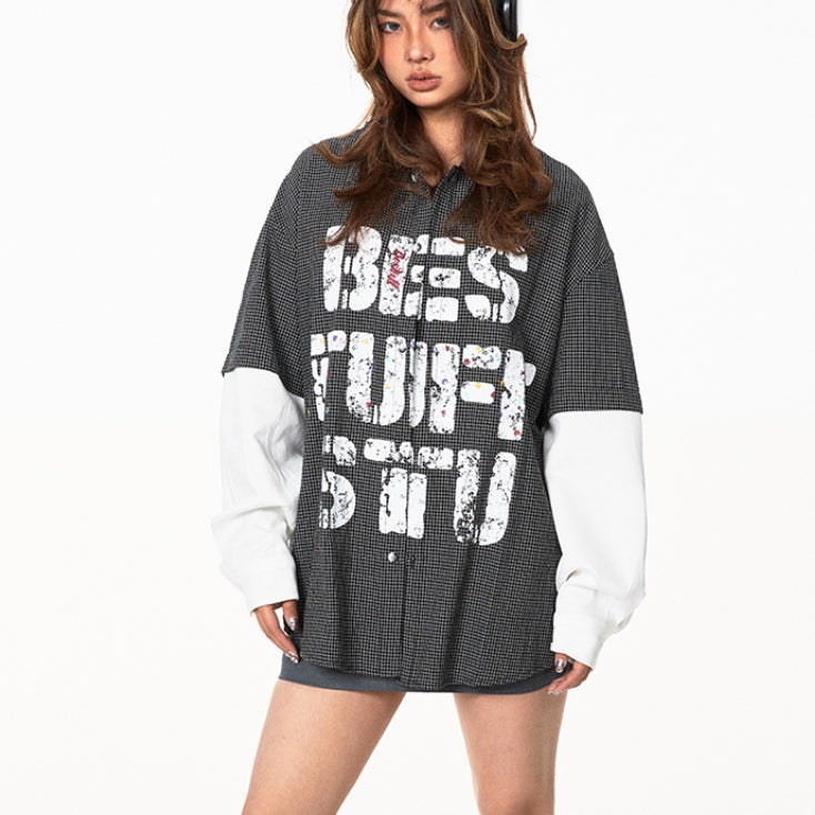 American Retro Plaid Fake Two Pieces Shirt
