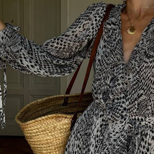 Elegant Printed Long-sleeved Ruffle Dress
