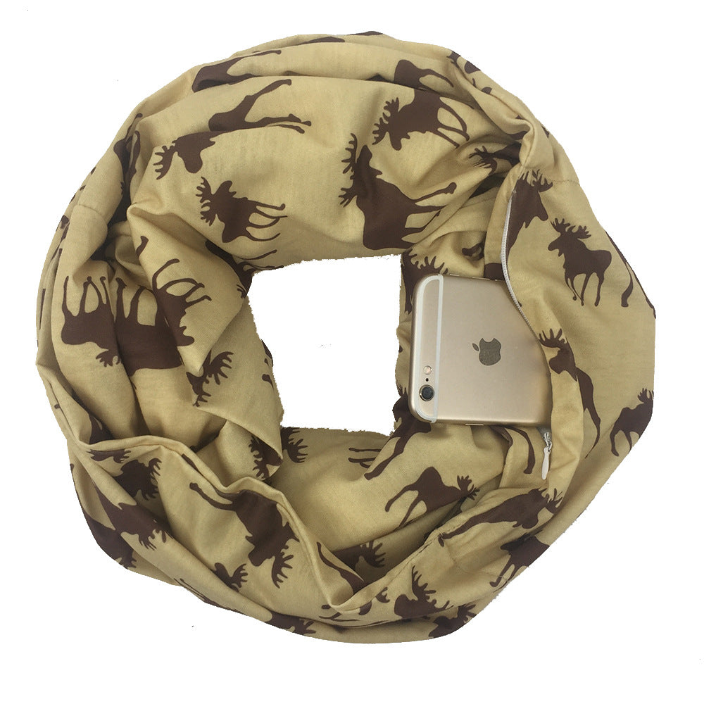 Christmas Themed Elk Print Zipper Pocket Scarf
