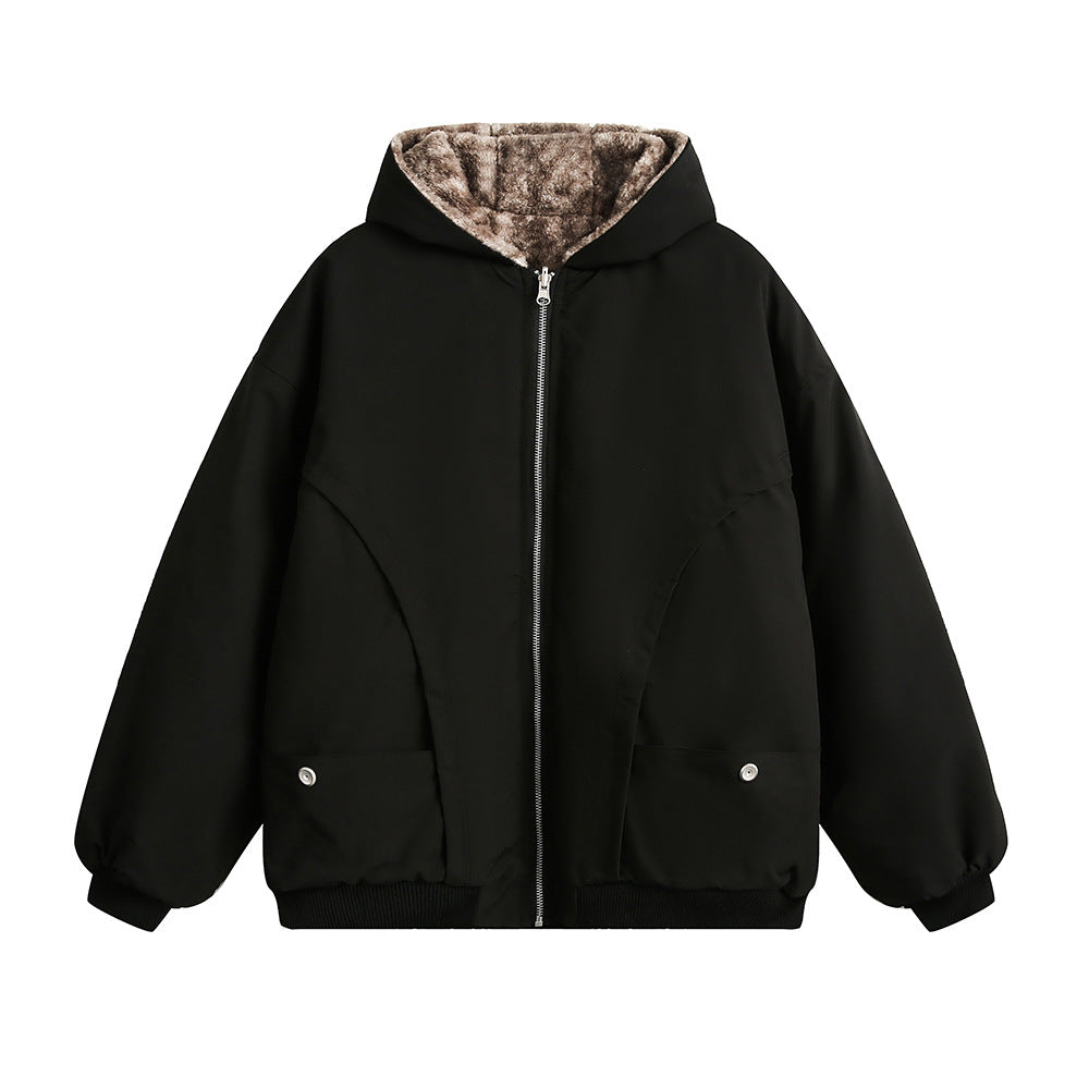 Double-sided Wear Cotton Coat Jacket Men's Leopard Print Imitation Fur Hooded