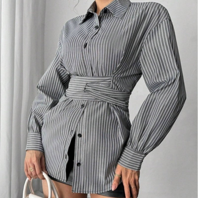 Womens Fashion Irregular-Waist Belt Long-Sleeve Shirt