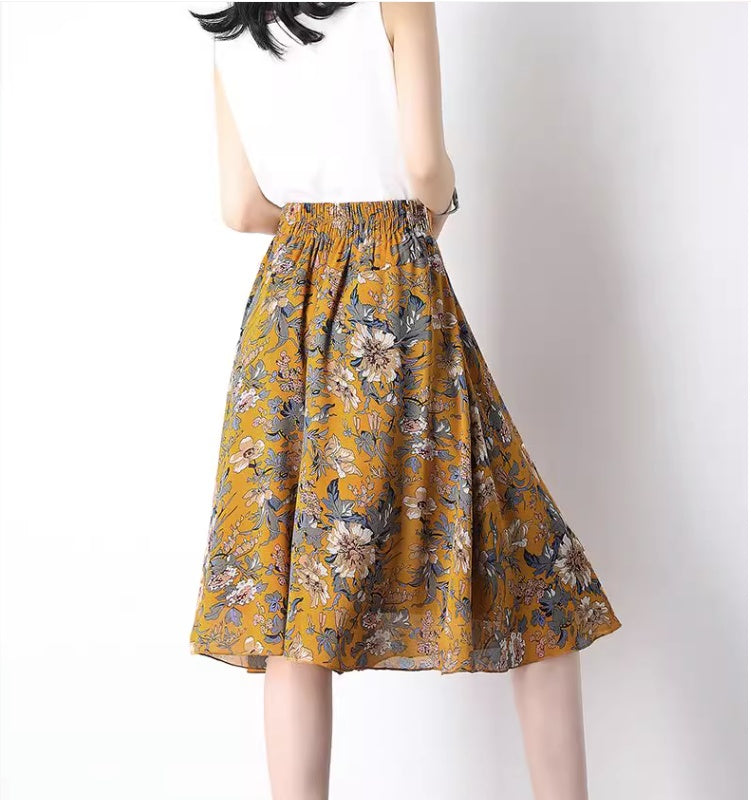Loose Wide Leg High Waist Printed Chiffon Pantskirt