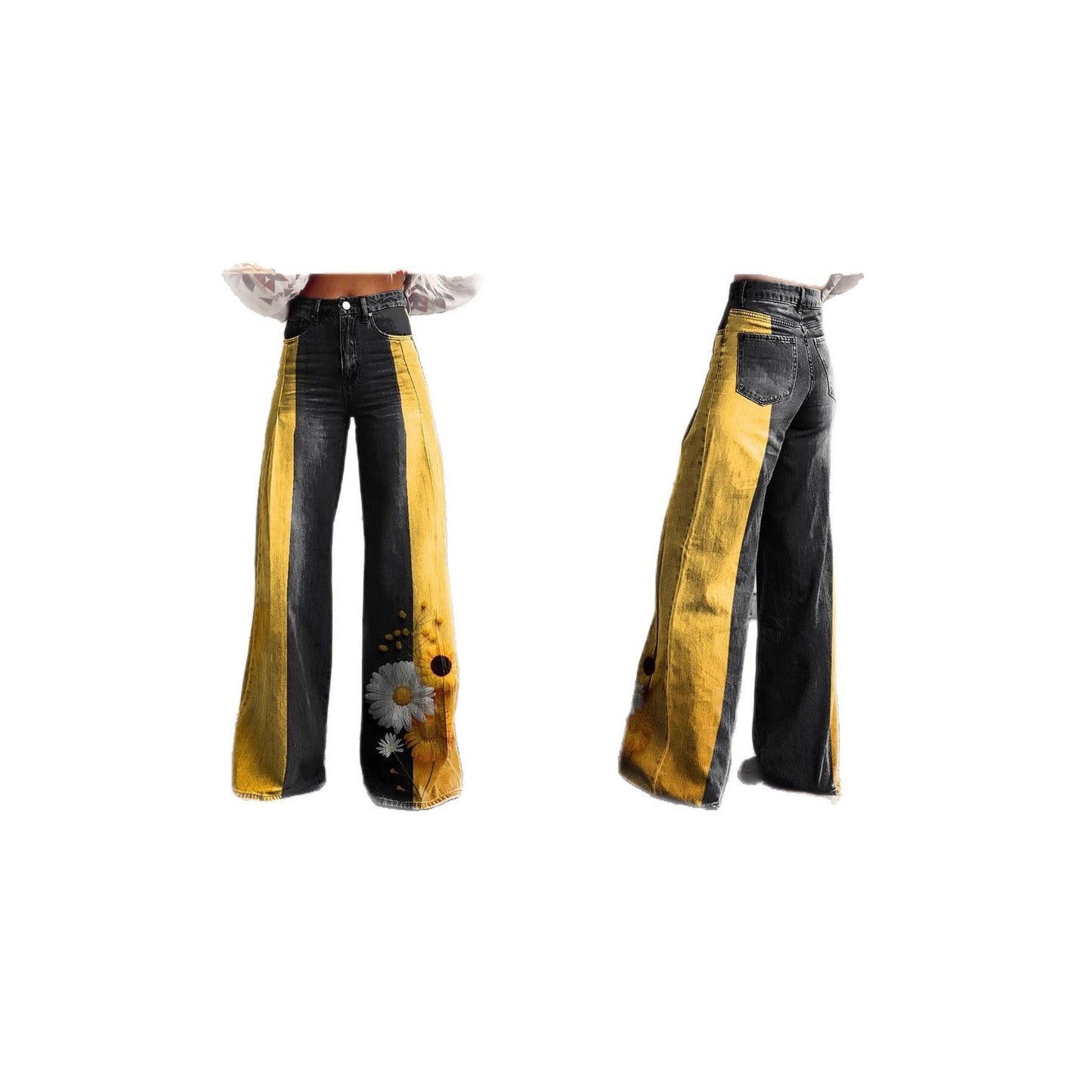 Lightweight Faux Denim Pants With Wide Legs And 3D Print