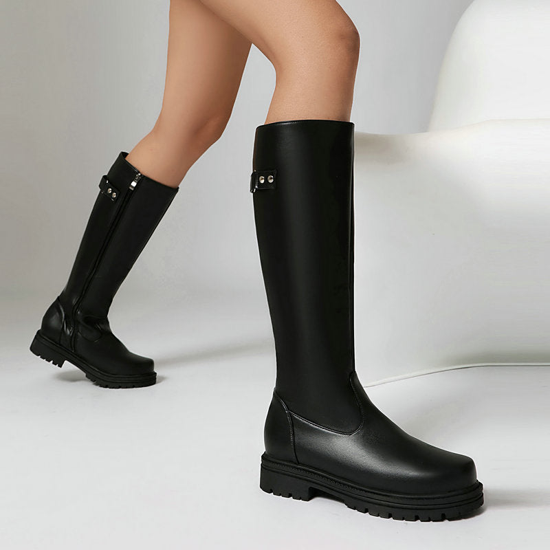 Womens Retro British-Style Leather Belt-Buckle Riding Boots