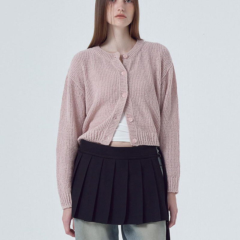 Women's Long Sleeve Round Neck Button Solid Color Sweater