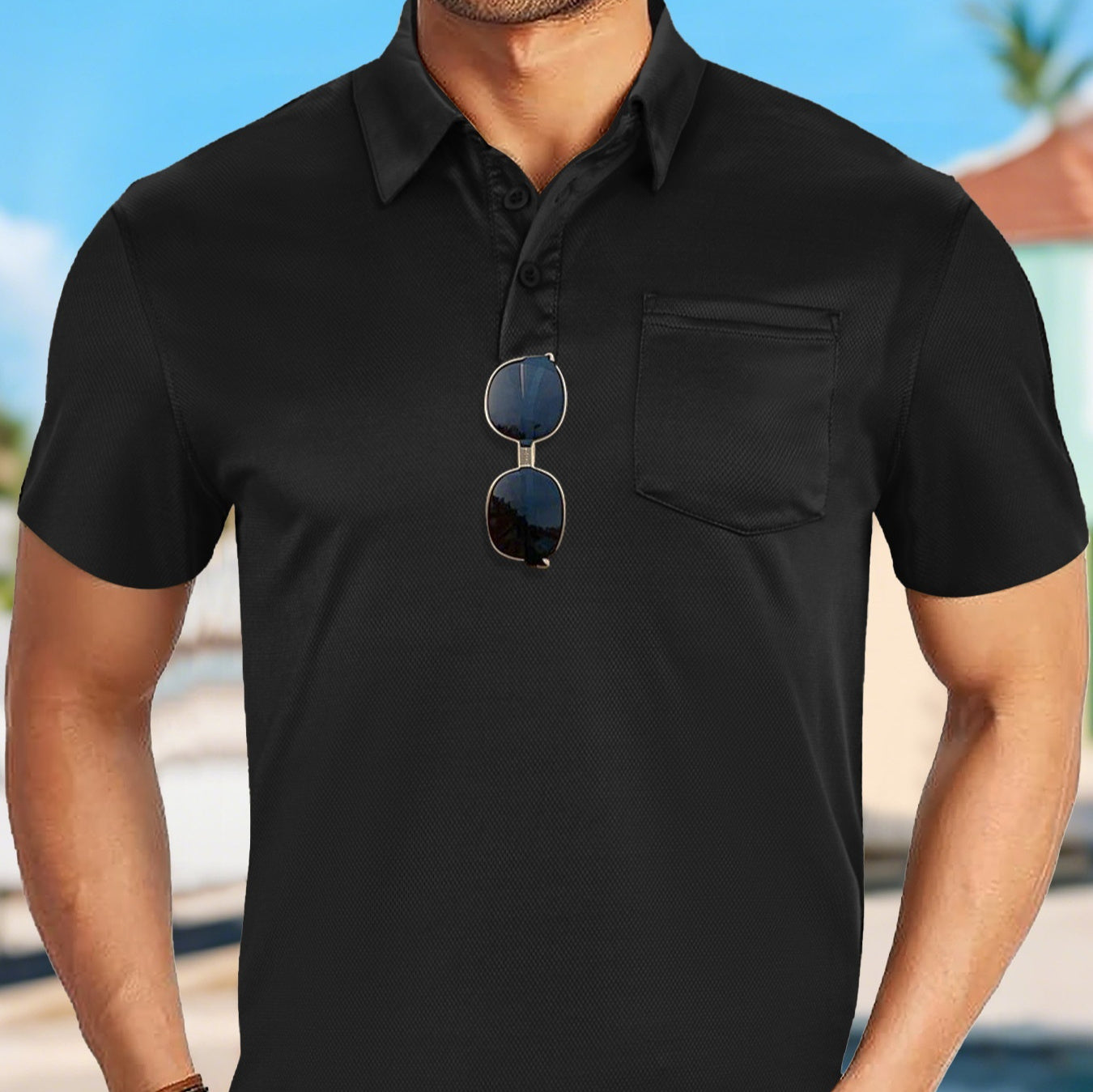 Men's Sporty Casual Breathable Mesh Button-down Collar Solid Color Shirt