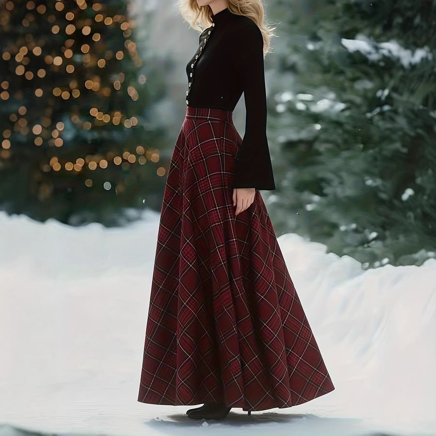 Red Plaid Maxi Skirt With A High Waist In A Vintage British Style