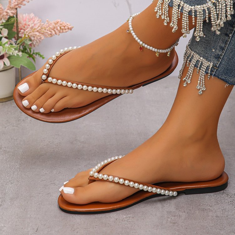 Flat Bottom Flip-flops Flip-flops Women's Summer Wear New Fairy Style Pearl Soft Bottom Non-slip Beach Slippers